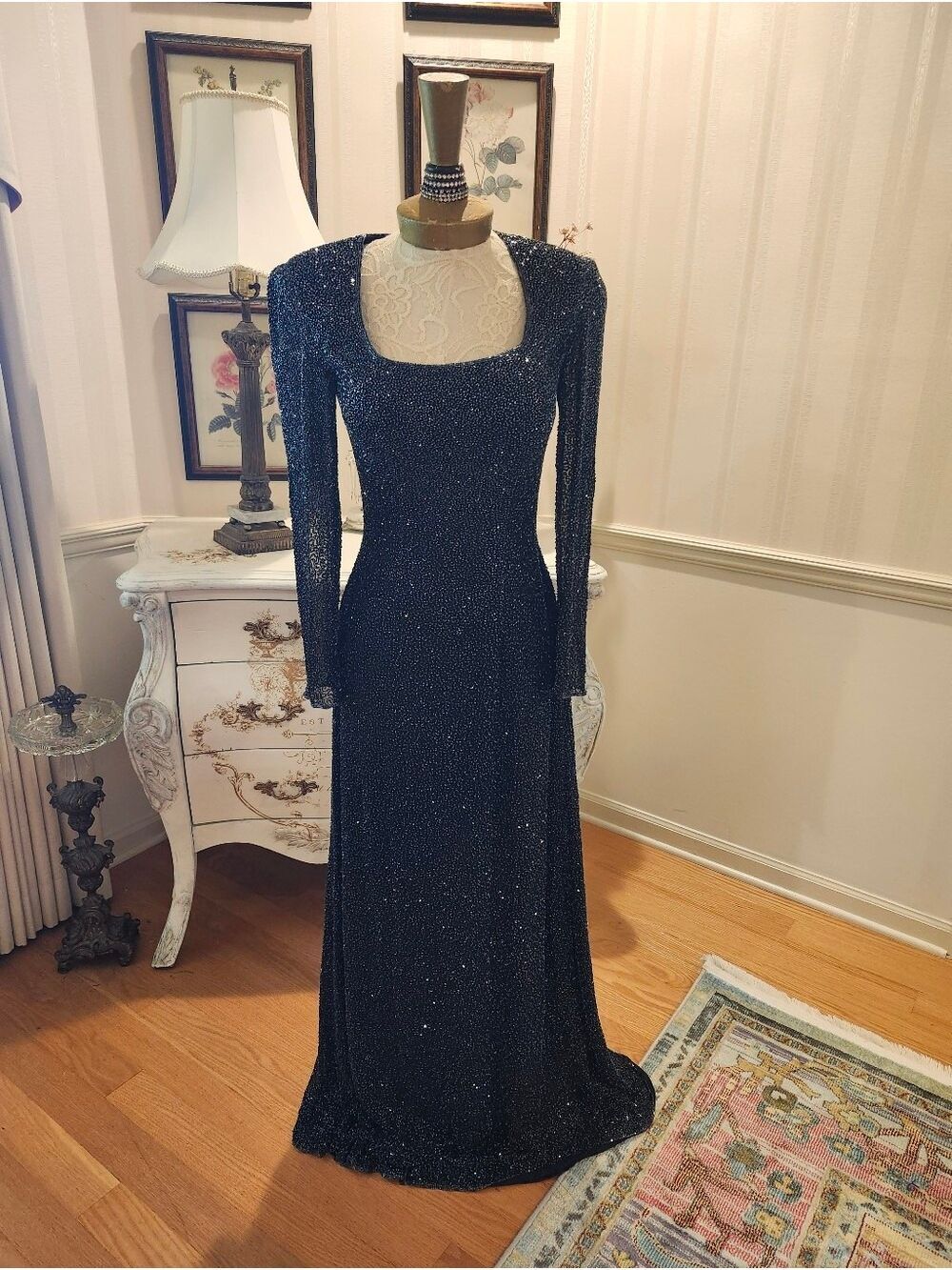 Cracked Ice Gunmetal Beaded Elegant Classy Evening Pageant Gown S